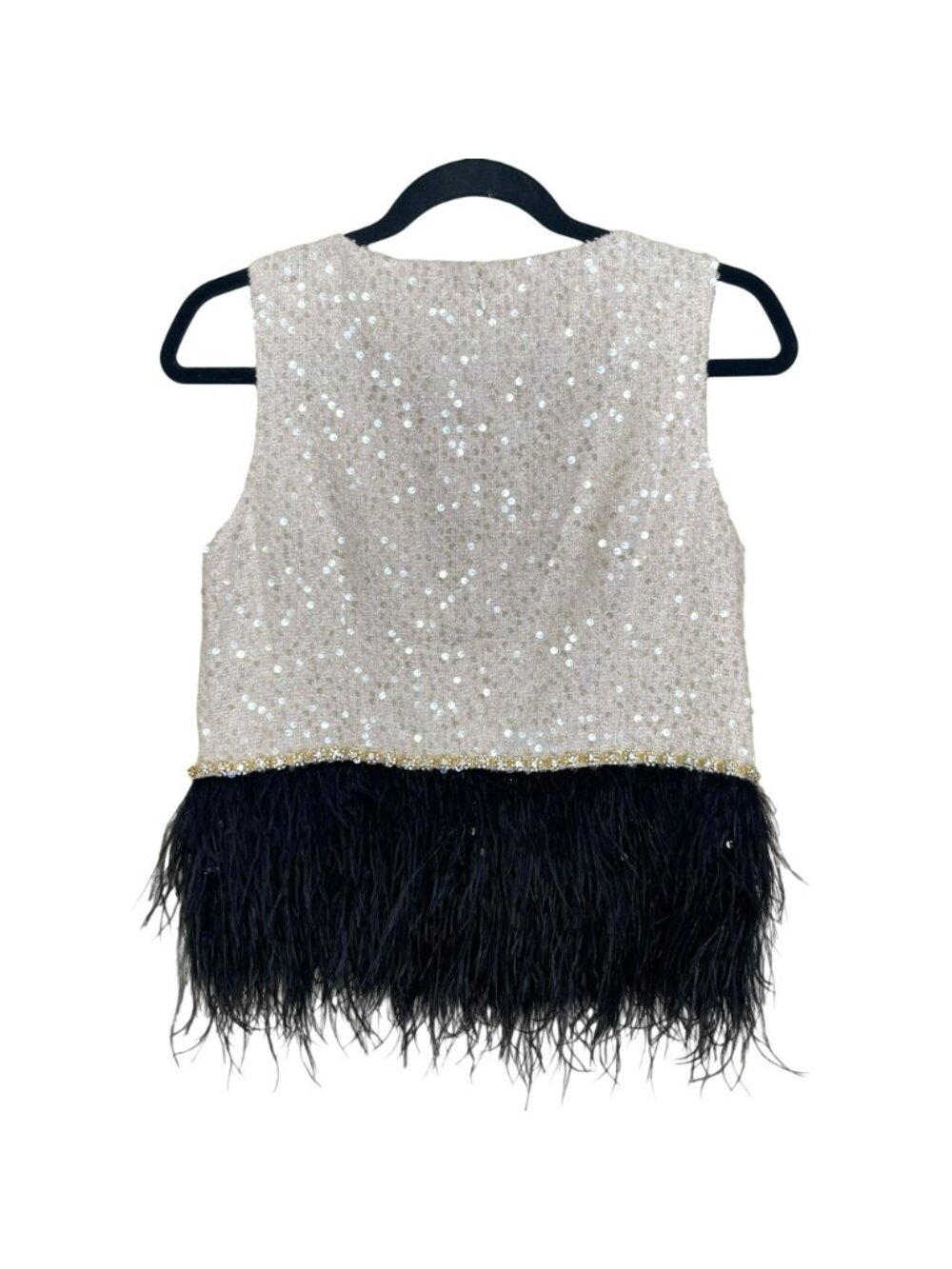 Flora Bea Cream Sequins Black Feather Boa Bella Tweed Top Size Small NWT - Picture 6 of 8